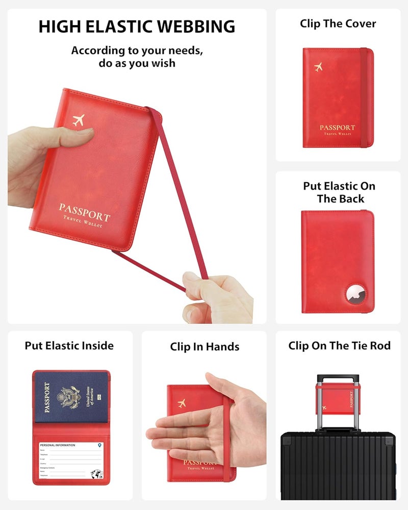 Stouchi AirTag Passport Holder, Simple Passport Holder with Airtag Slot, RFID Passport Wallet Cover for Women, Family Leather Passport Protector Case, Anti-Lost Travel Accessories, Red - Image 4